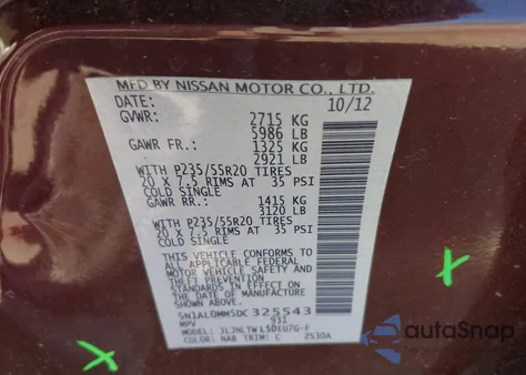 2013 Infiniti Jx35 from USA, damaged, VIN 5N1AL0MM5DC325543